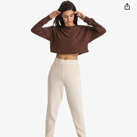 Crop Top Long Sleeved Womens XL Brown Built in Bra Gym Workout Top Shirt D1 - Picture 7 of 10